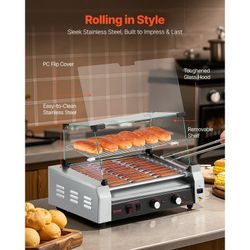 Hot Dog Roller, 30 Hot Dog 11 Rollers, Stainless Steel Sausage Grill Cooker, 1600W Commercial Hot Dog Machine with Dual Temp Control, Cover, Side Stor