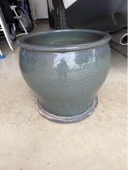 15”x15” Teal Ceramic Round Planter With Drainage Hole