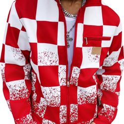 L size Men's Red and White Plaid Personalized Zipper Cardigan Jacket Coat Breathable Dry Urban Street Casual Trendy Jacket