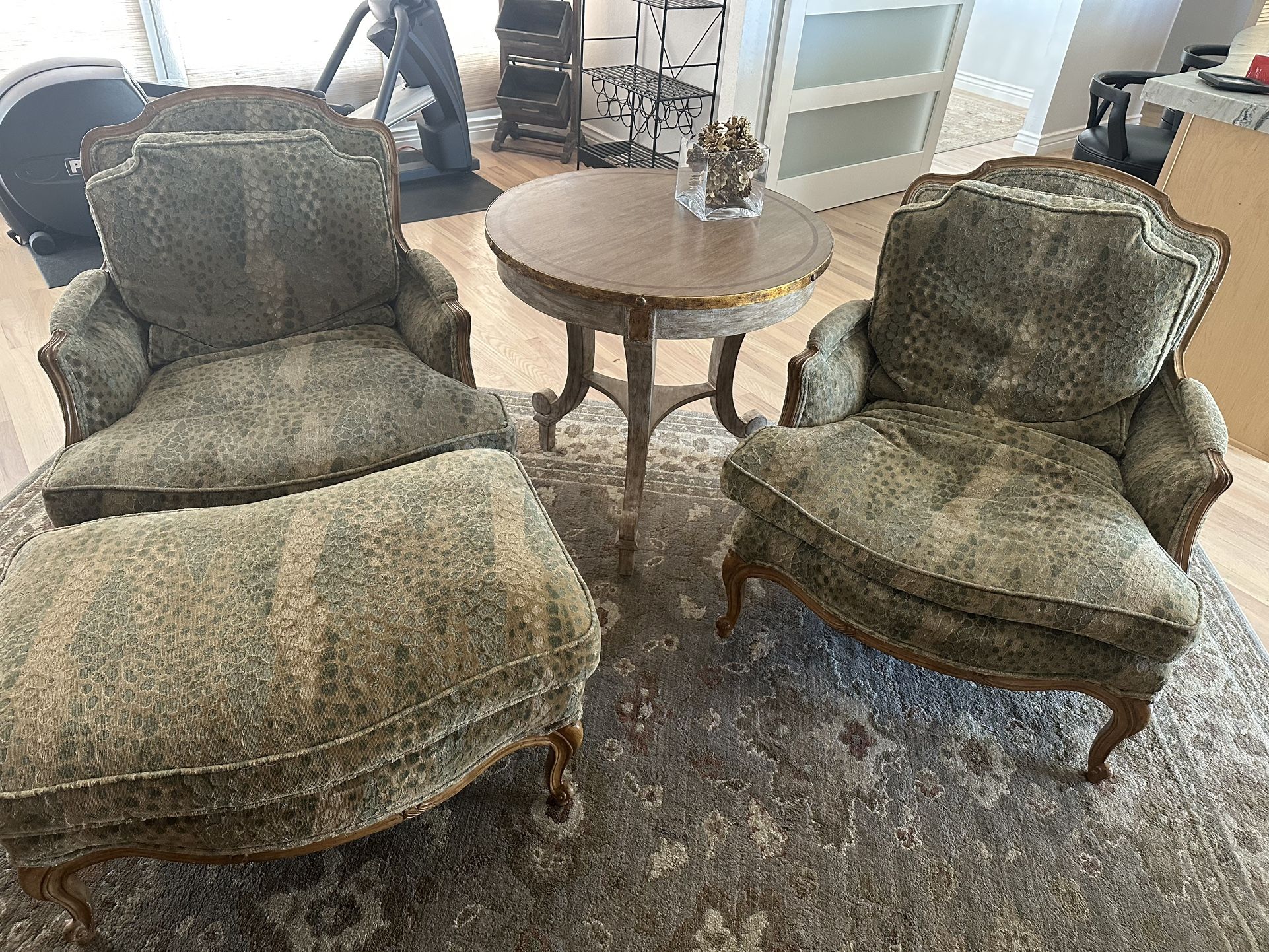 Tan And Sage Antique Chairs W Ottoman