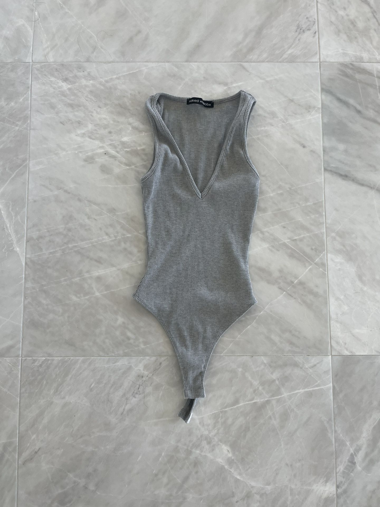 Gray Ribbed V Neck Bodysuit