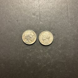Coins – 1938P Jefferson Nickel and 1938D Buffalo Nickel - full 4 digit date 