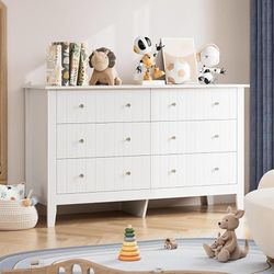 White Dresser, Chest of Drawers, Modern 6 Drawer Double Dressers with Deep Drawers, Nursery Dresser for Baby, Wide Storage Organizer Cabine