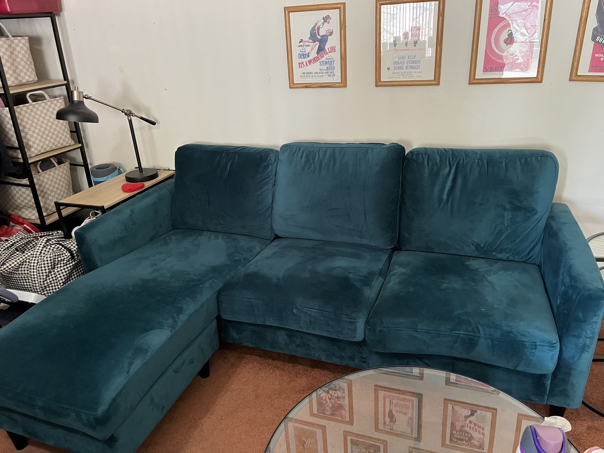 Green/ Blue Velvet Sectional Couch