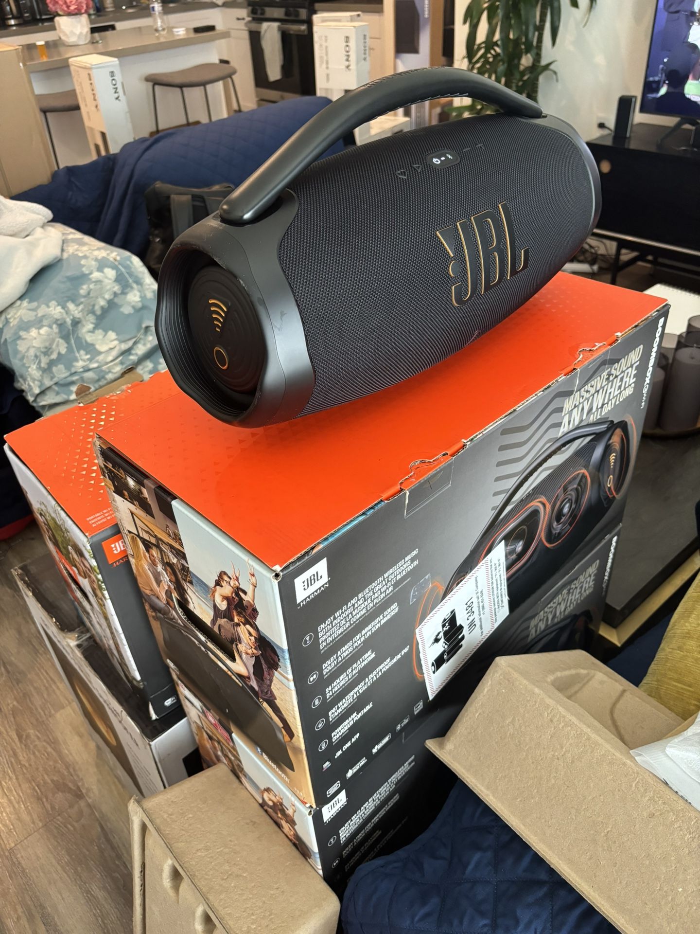 JBL Boombox 3 Wi-Fi & Bluetooth Portable Speaker β Massive Bass, 24-Hour Battery, Hi-Res Audio, Waterproof & Dustproof (IP67)