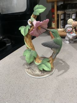 Vintage Andrea by Sadek Porcelain Hummingbird and Pink Flower Figurine
