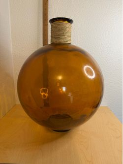 Vintage Amber Glass Globe Vase 17” Tall Round Shape Decorative