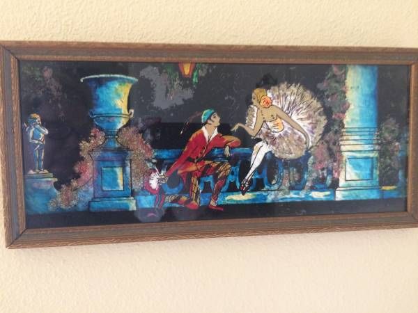 Vintage Reverse Hand Painting Glass w/ Tinsel Foil Trim- Ballerina