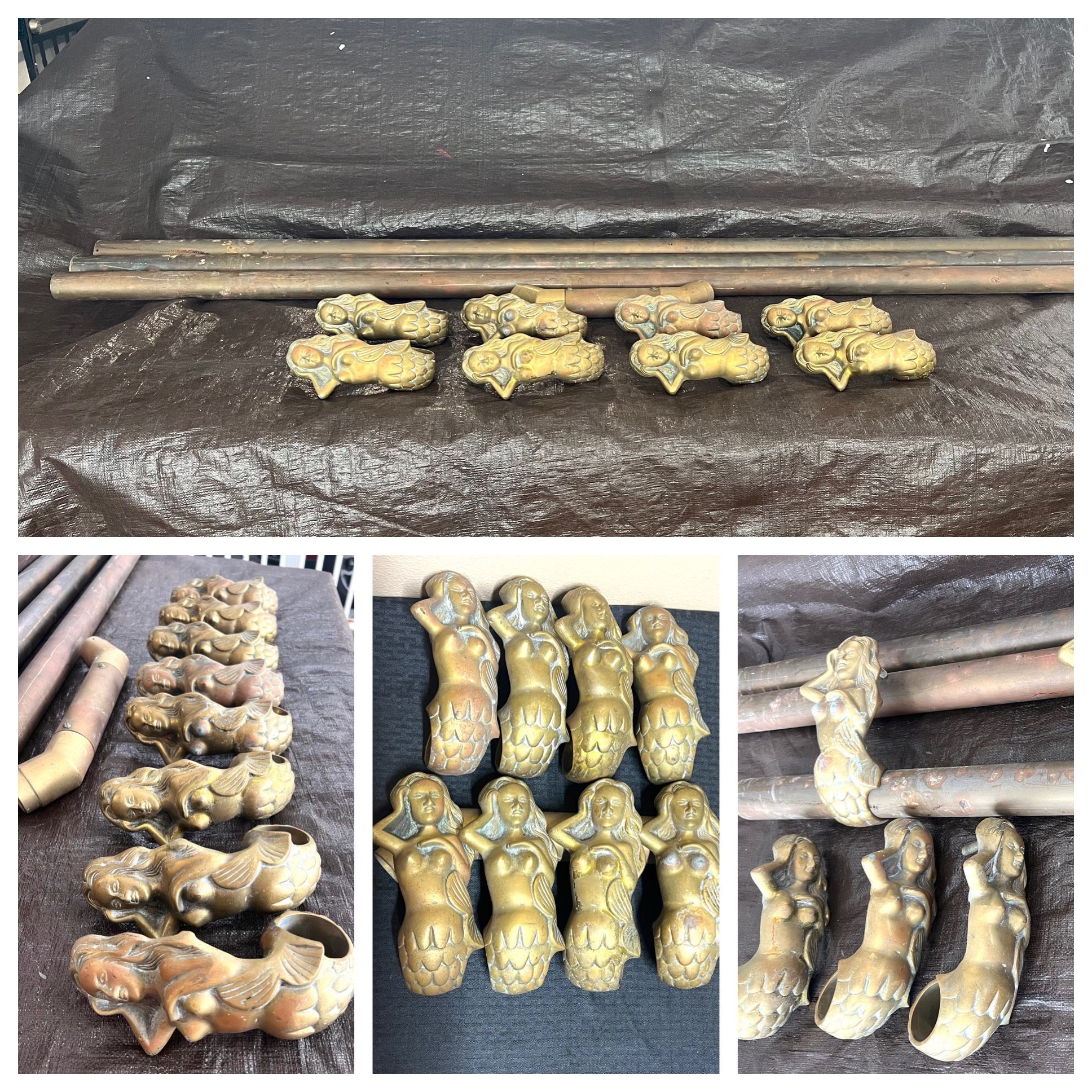 Vintage 8 Large Heavy Solid Brass Mermaid Bar Rail Supports with 3 Rails ‘RARE”