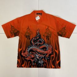 Vintage Authentic Orange Shaolin Dragon Oversize Button Up Shirt Size S/M