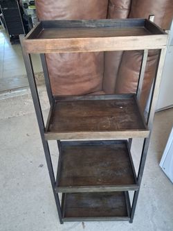 Beautiful 4-tier brown wood and black metal shelving unit