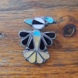 Vintage Zuni Thunderbird Pin Coin Silver & Stone Inlay Turquoise Mother of Pearl Pin Brooch