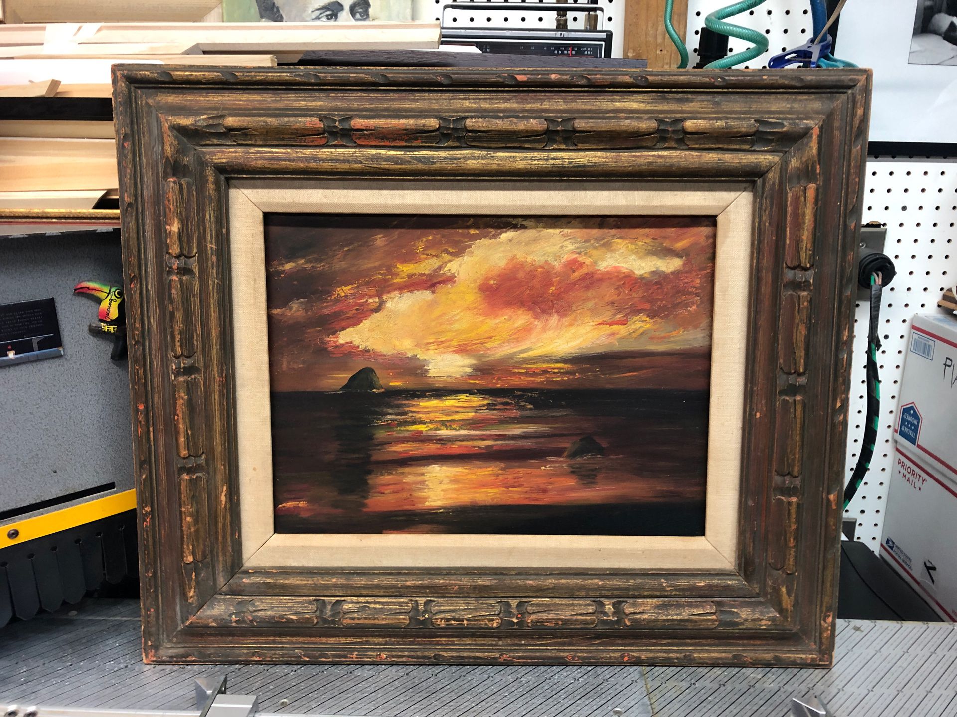Original oil painting on board red ocean sunset seascape framed vintage 16x12” board with frame 25x21”