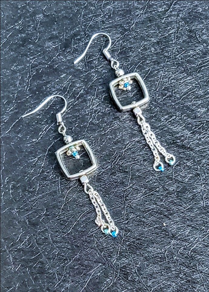 Turquoise Beaded Silver Chain Earrings