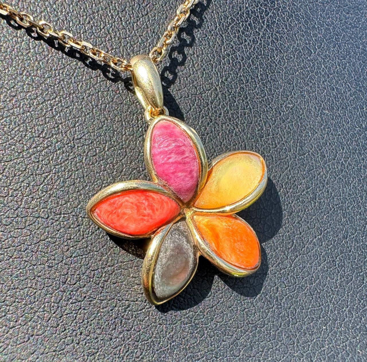 Jewelry 14k yellow gold flower multi color stone pendant chain necklace  17.25” 1.00mm
