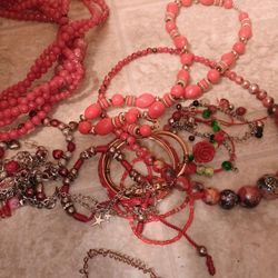 Lot Of Red Handprints Jewelry 3 Necl. 10 Brace