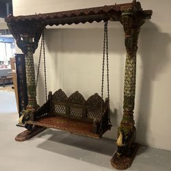 Carved Wooden Swing with Elephants and Columns