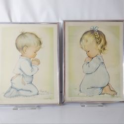 2 Vintage Framed Charlot Byi Prints A Childs Prayer Bless Us All Praying Boy And Girl Pictures.