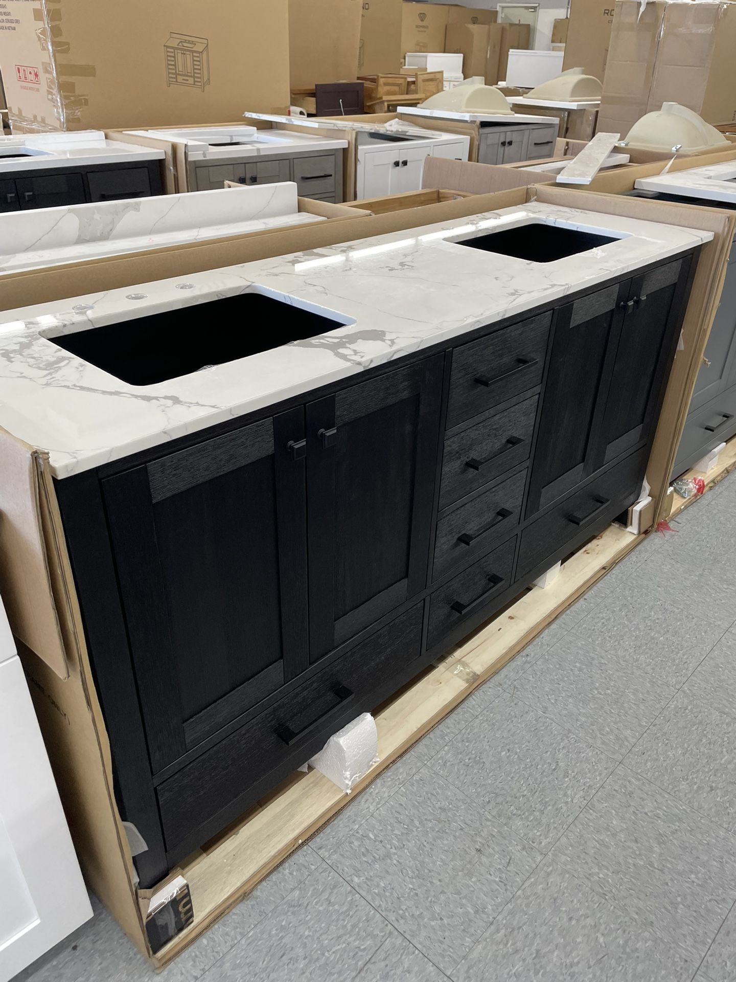 Bathroom vanity cabinet 72” solid mango Quartz top with sinks and backsplash