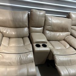 Beige Leather Reclining Sofa & Loveseat Set (manual)