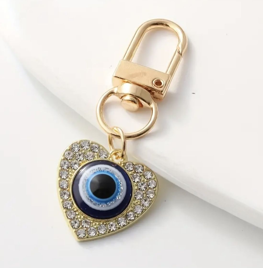 Brand New Unisex Gold Toned Rhinestone Heart Evil Eye Keychain & Bag’ Charm