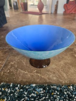 Large Turquoise Blue Art Glass Pedestal Bowl - Hand Blown Modern Decorative Centerpiece