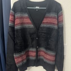 Stussy Shaggy Cardigan Sweater Mens Size S Small Fuzzy Striped Warm