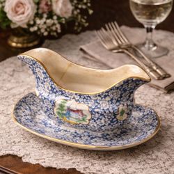 British Anchor Pottery 1930s Celebrate Gravy Boat With Underplate, 7.5x2.5x4” REPAIRED