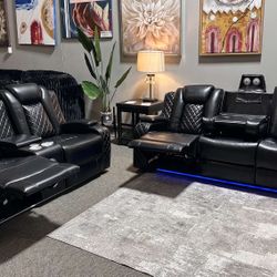 OM• $38 Initial • Brand New Orion Black Manuel Reclining Sofa And Loveseat 