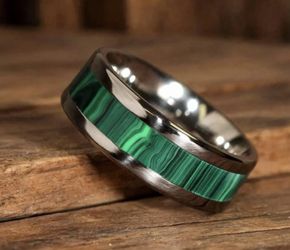 New Men's Stainless Steel Green Malachite Style Ring - Size 7-13.5