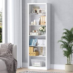 White Bookshelf, 75" Tall Bookcase, 6 Tier Adjustable Storage Shelves, Book Shelf