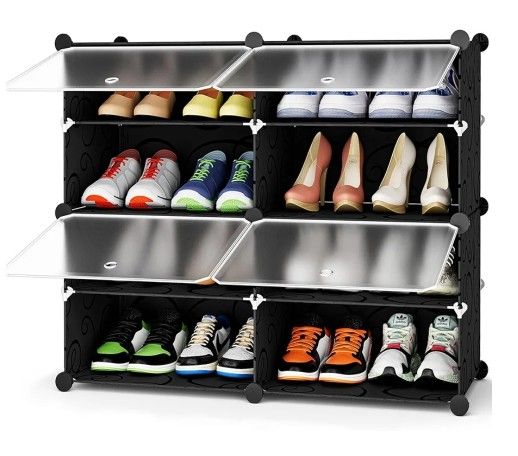 Shoe Rack, 4 Tier Shoe Storage Cabinet 16 Pair Plastic Shoe Shelves Organizer for Closet Hallway Bedroom Entryway Black