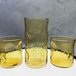 Lot of (3) Vintage Rare Yellow Glass Decatur Thumbprint Iced Tea Drinking Glasses Honey Gold textured glassware, often referred to as "crinkle" or "ba
