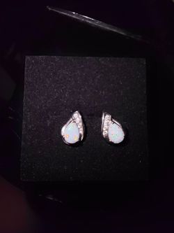925 Sterling Silver 18K GP White Fire Opal Teardrop Earrings CZ Accent