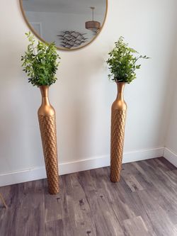 Tall Gold Floor Vases with Faux Greenery – Set of 2