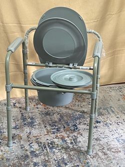 Gray Adjustable Height Bedside Commode Chair Plastic w/ Bucket & Lid