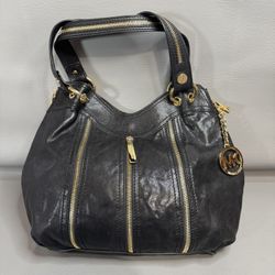 Michael Kors Black Leather Moxley Satchel Handbag Zipper Detail Trim Gold Tone
