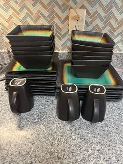 Bella Homes Square Dinnerware Set Black Teal Brown Glaze