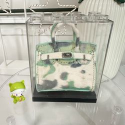 Mint Green Mini Birkin Bag Charm with Acrylic Display Case and Silk Twilly
