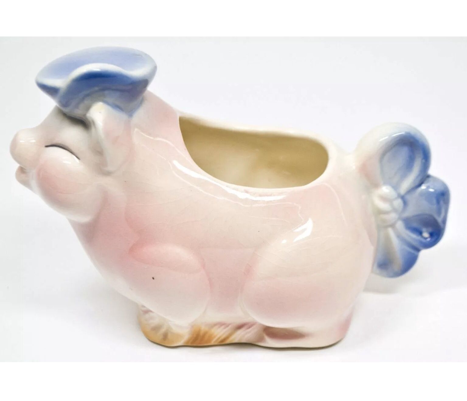 Vintage Shawnee Cheerful Pink Pig Creamer with Blue Hat and Flower Handle