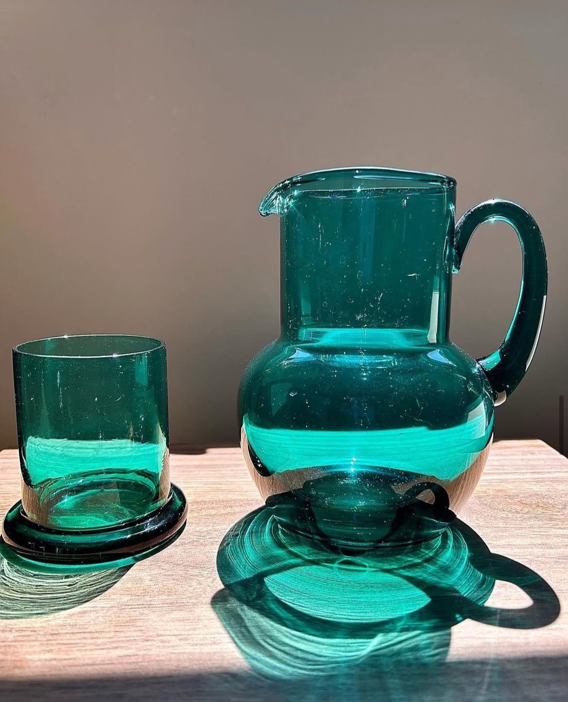 Vintage Hand Blown Glass Green Teal Pitcher&Cup