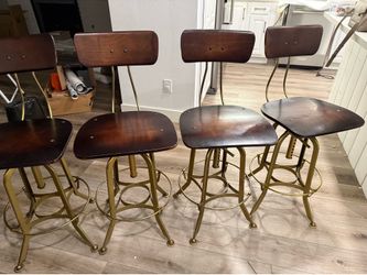 Set of 4 RESTORATION HARDWARE Toledo Adjustable Stools Brass and wood