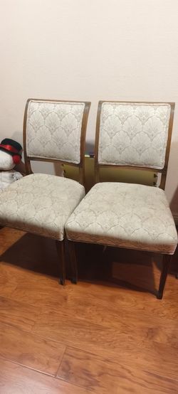 Pair of Upholstered Side Chairs – Cream Shell-Pattern, Dark Wood Frame