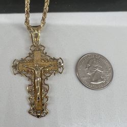 Majestic 14k Yellow Gold Crucifix Pendant With Large 20 1/2”  Solid Rope Chain“MUST SEE”