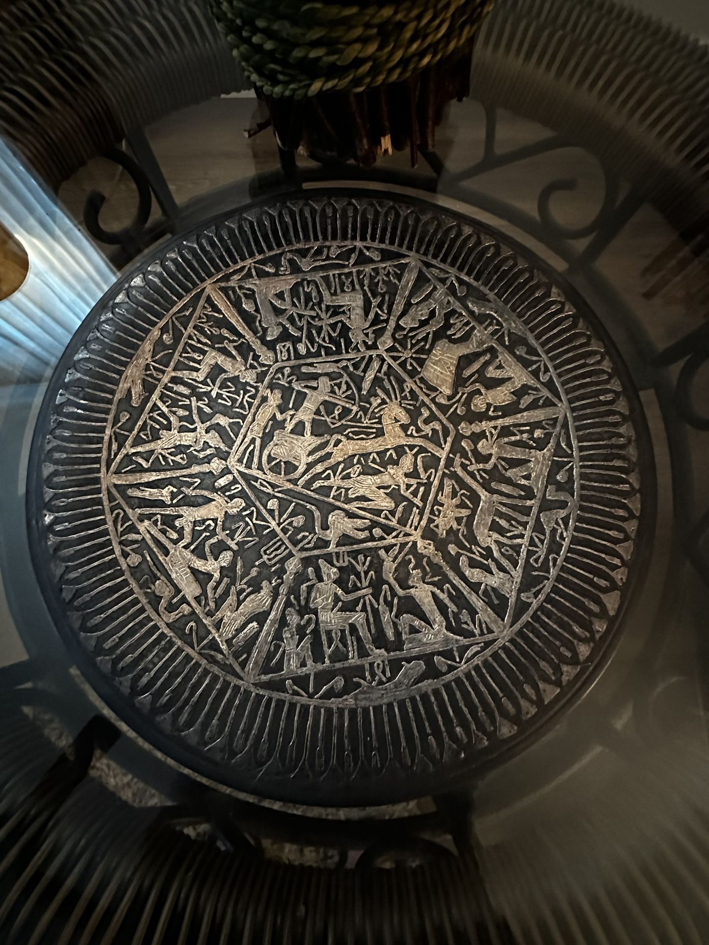 Antique Cairo ware/Damascene Silver inlay ancient Egyptian Motif 8" Decorative Wall Hanging Plate