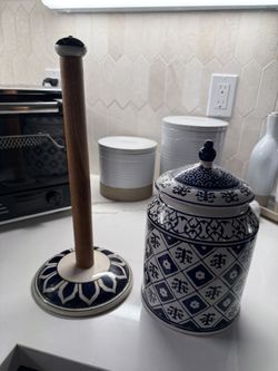 Blue & White Ginger Jar Kitchen Canister And Paper Towel Holder 