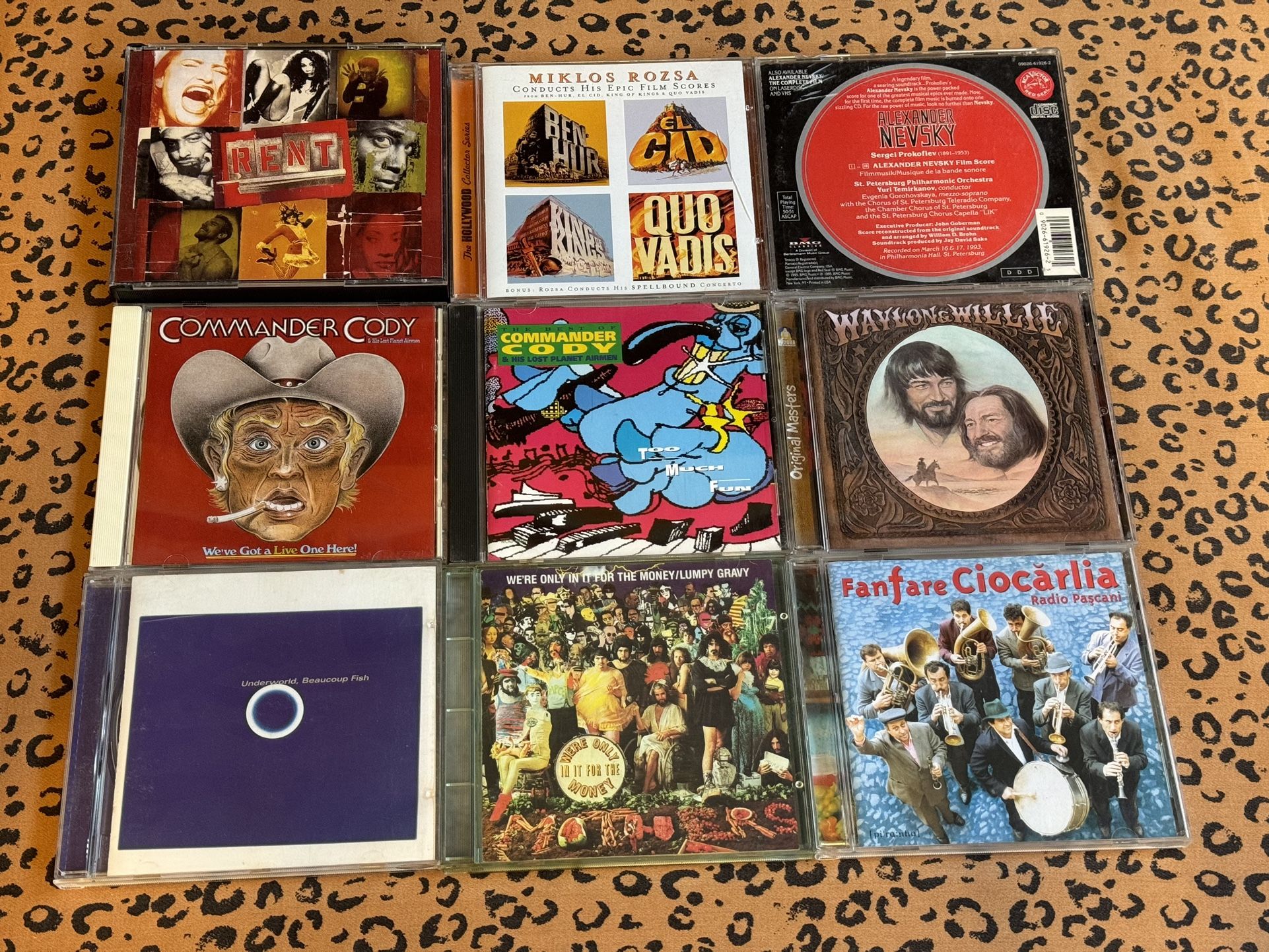 CDs Zappa Commander Cody Waylon Willie Rent Underworld Fanfare Nevsky Rozsa