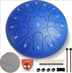 12 in Blue Steel Tongue Drum w/ Carrying Case Mallets Picks Music Book