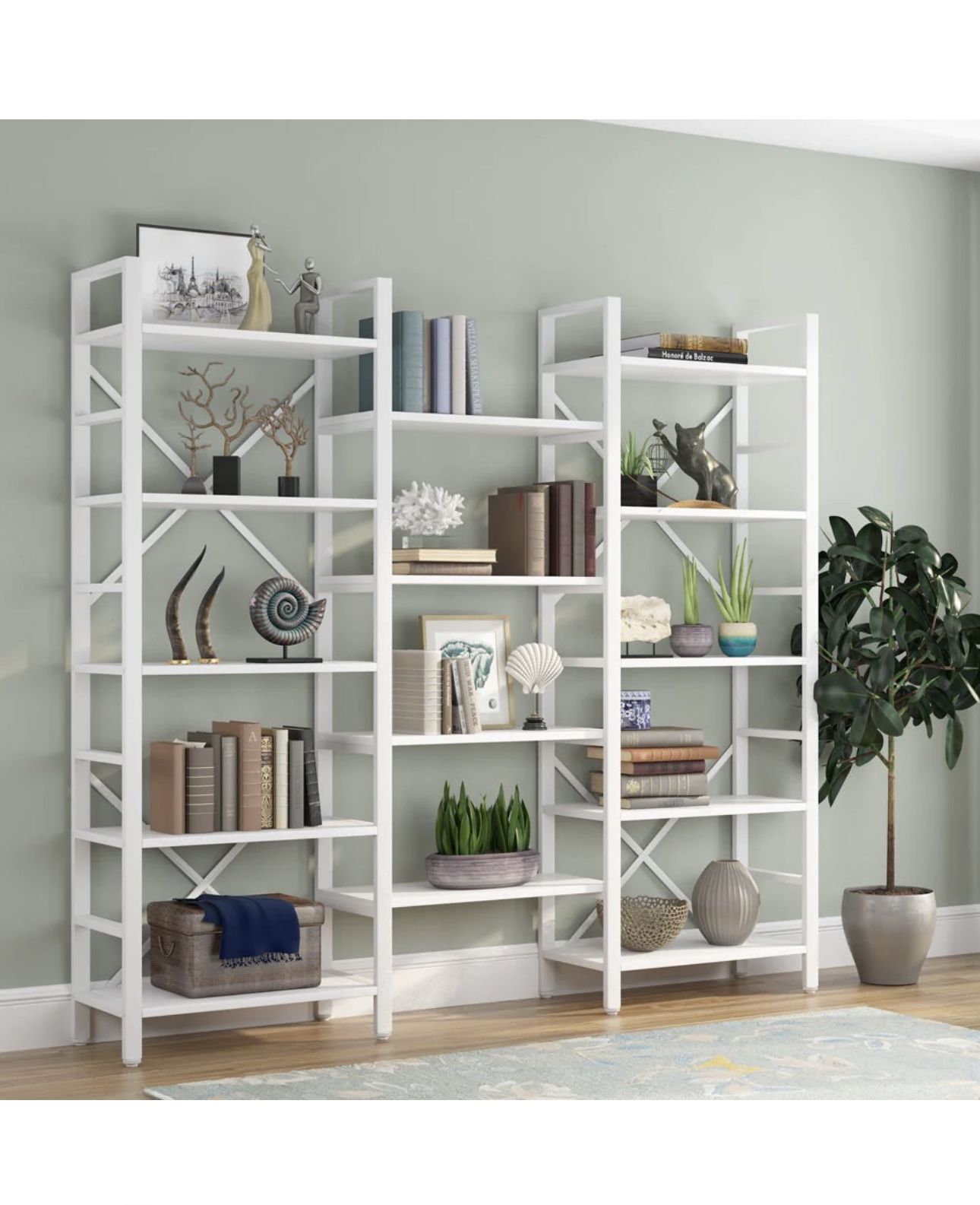 All New 70.9” White Wood Triple Wide 5 Shelf Bookcase Display 