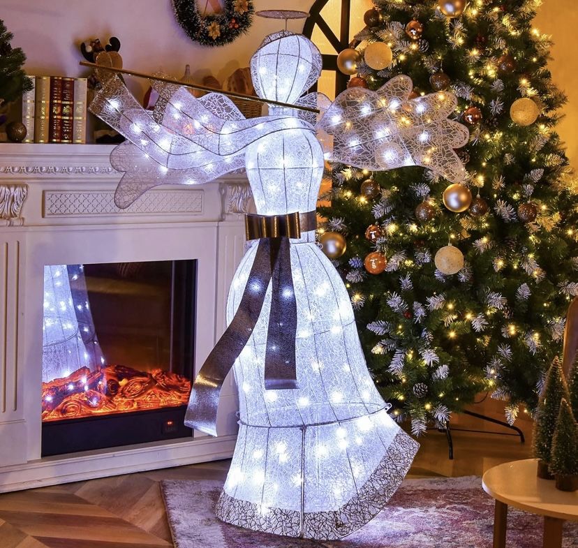 New Christmas Outdoor Lighted Angel, Pre-Lit Yard Christmas Decoration, Artificial Christmas Decor w/ 100 LED Lights